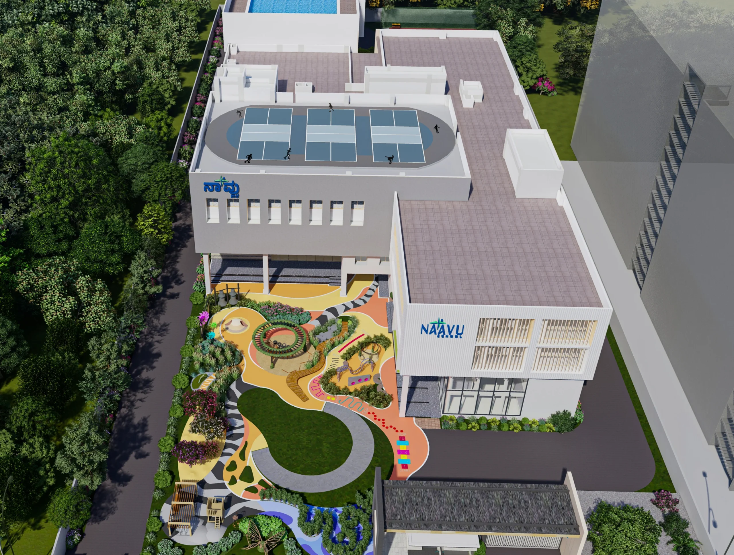 Aerial view of the NAAVU School campus in Whitefield, Bengaluru